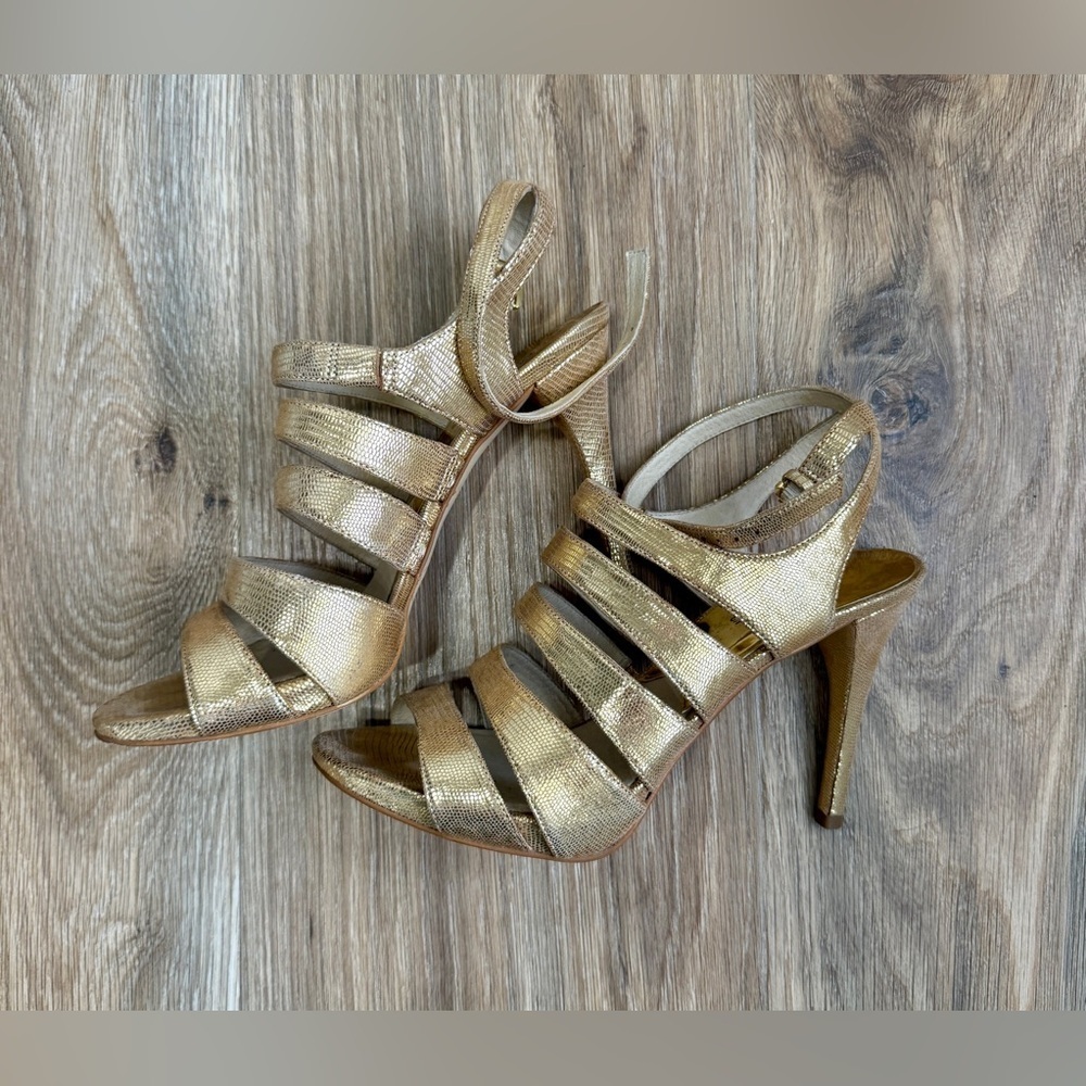 Michael Kors Elena Metallic Gold Leather Strappy Heels Size 7.5M EUC
